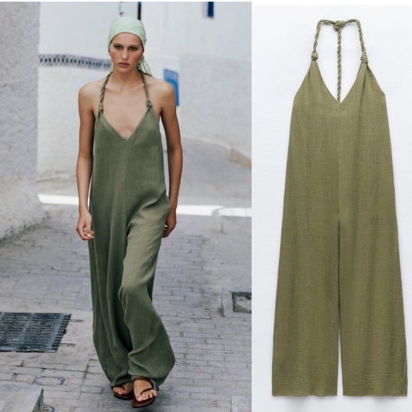 Zara Pants - NWT | ZARA 100% LINEN SAGE OLIVE GREEN BRAIDED COVERALL WIDE LEG BOHO JUMPSUIT